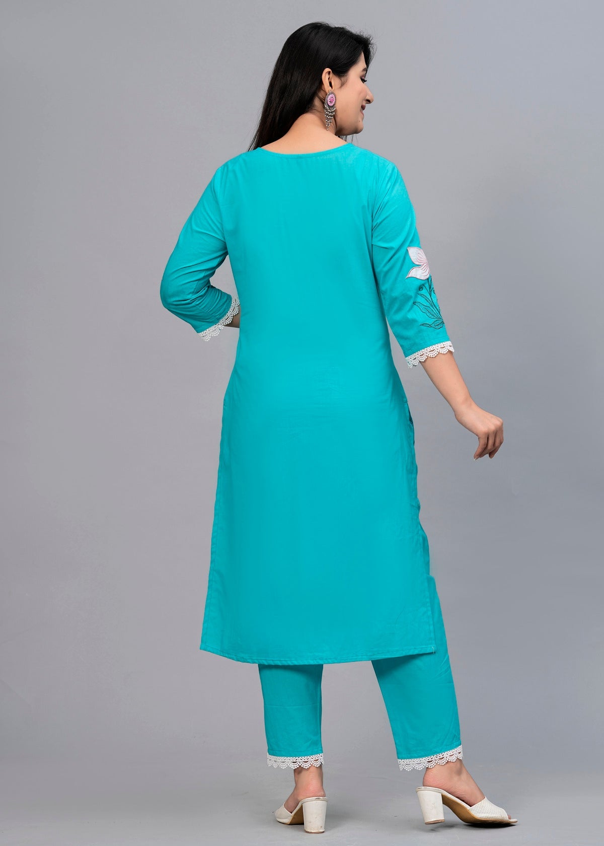 Women Turquoise Blue Floral Embroidered Kurta with Trousers & Dupatta