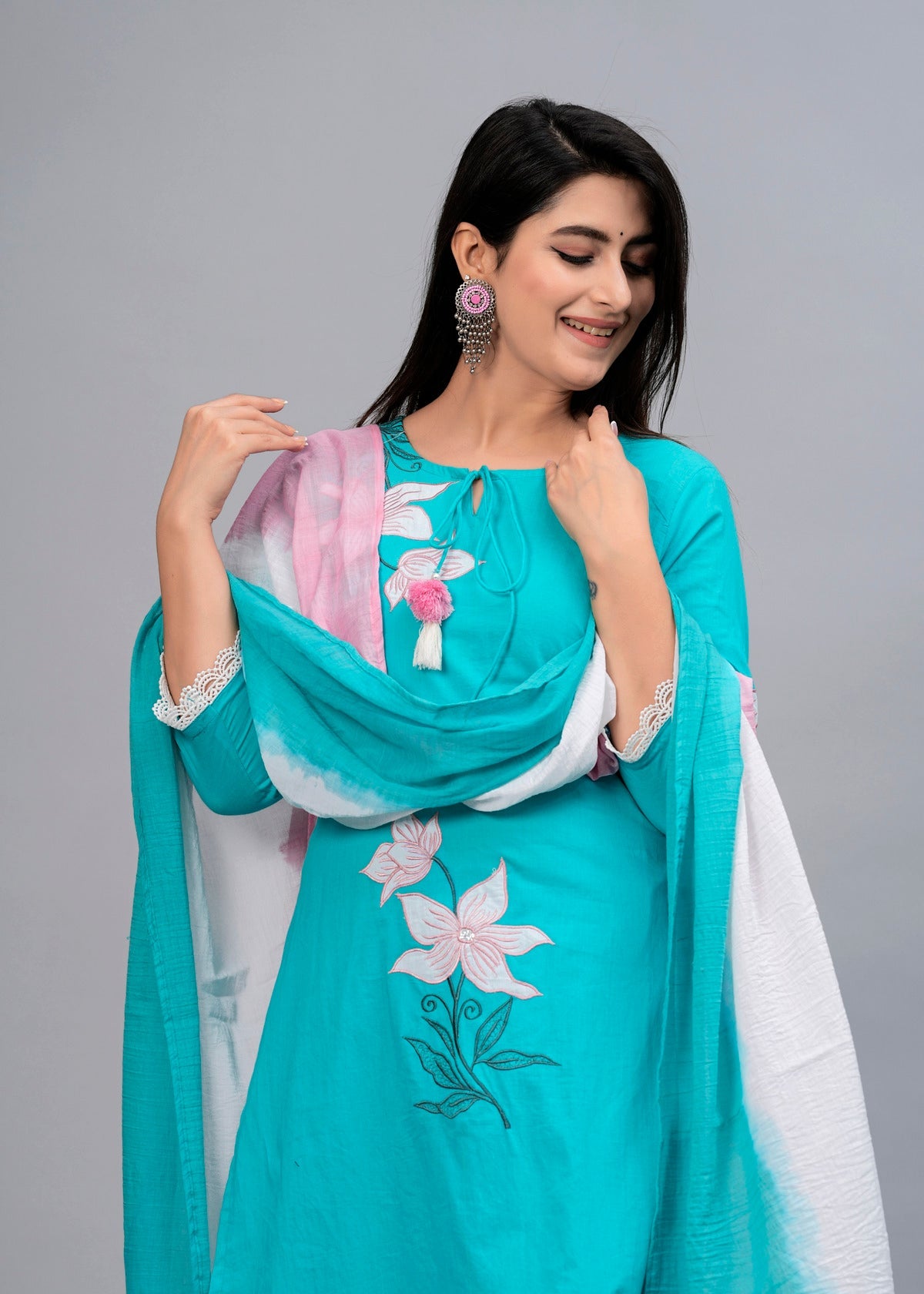 Women Turquoise Blue Floral Embroidered Kurta with Trousers & Dupatta