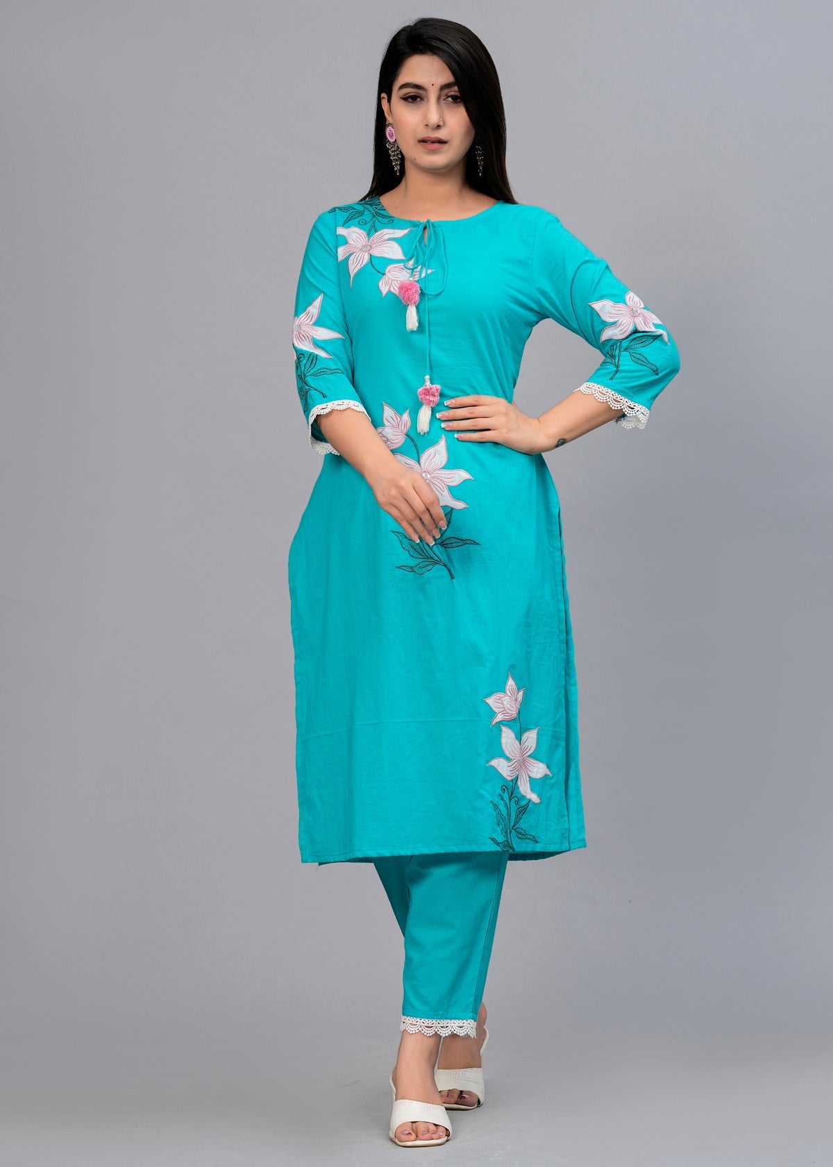 Women Turquoise Blue Floral Embroidered Kurta with Trousers & Dupatta