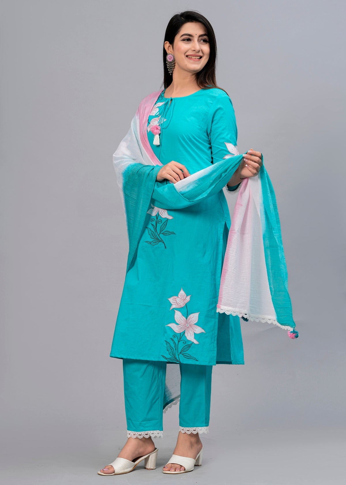 Women Turquoise Blue Floral Embroidered Kurta with Trousers & Dupatta