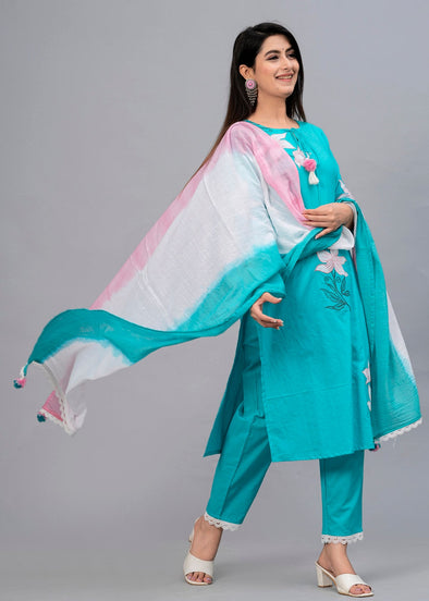 Women Turquoise Blue Floral Embroidered Kurta with Trousers & Dupatta