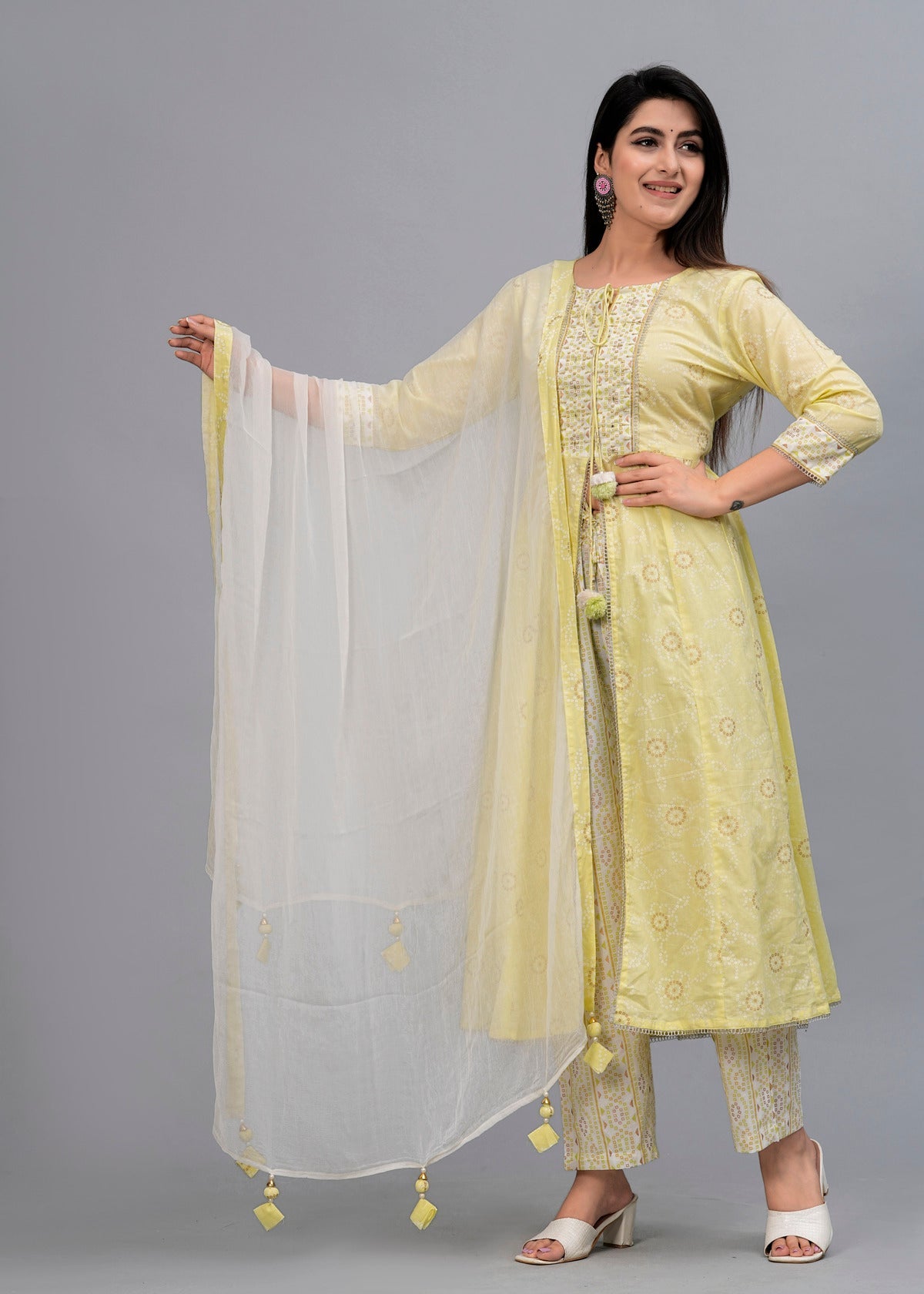 Women Lime Green Bandhani Printed Kurta with Trousers & Dupatta