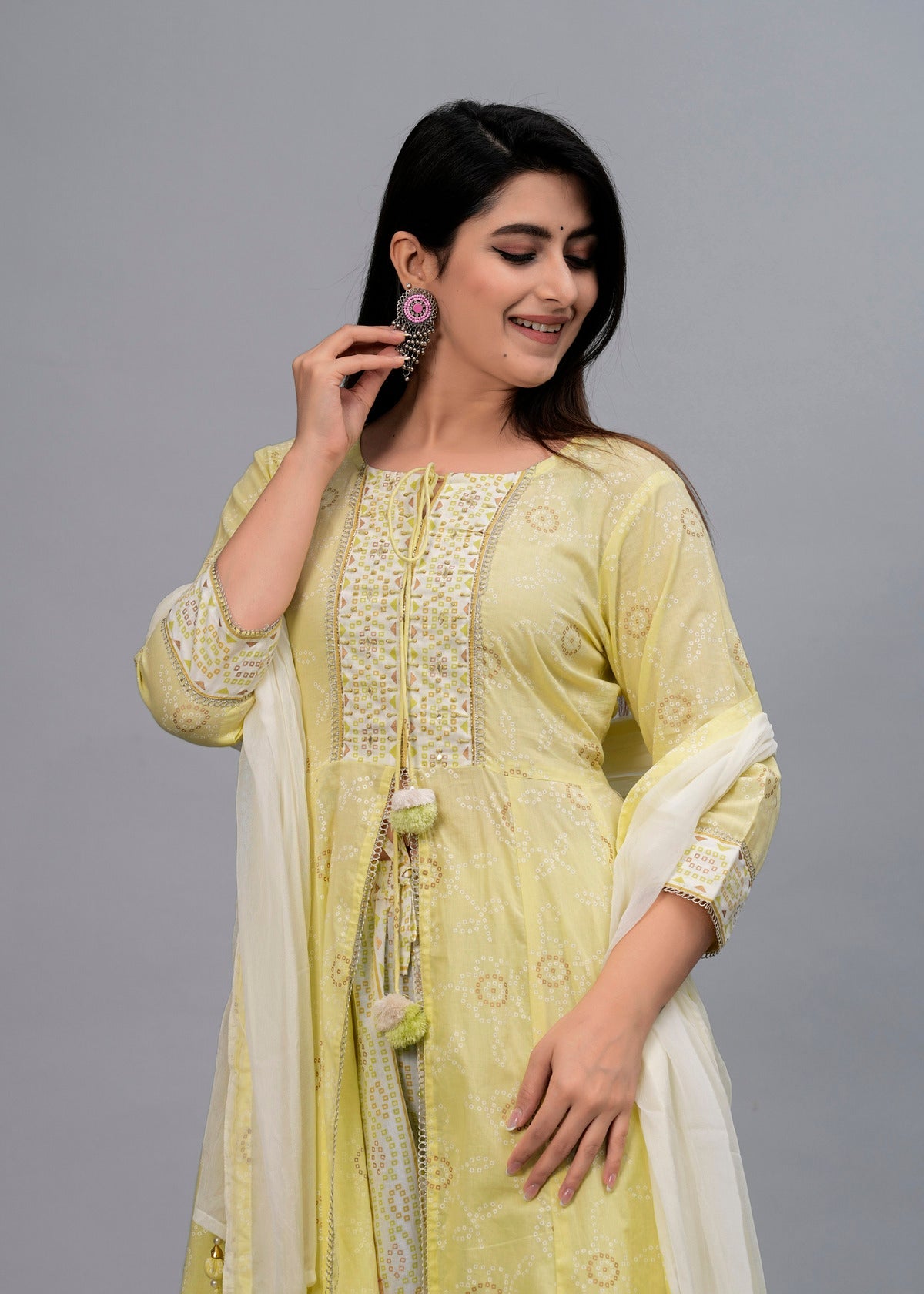 Women Lime Green Bandhani Printed Kurta with Trousers & Dupatta