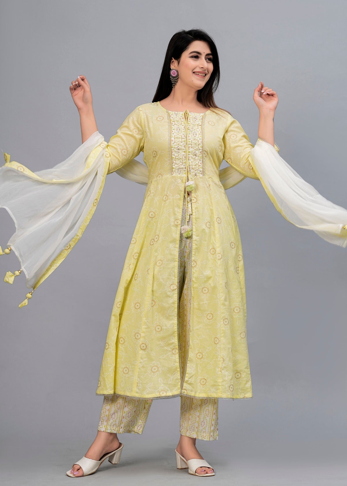 Women Lime Green Bandhani Printed Kurta with Trousers & Dupatta