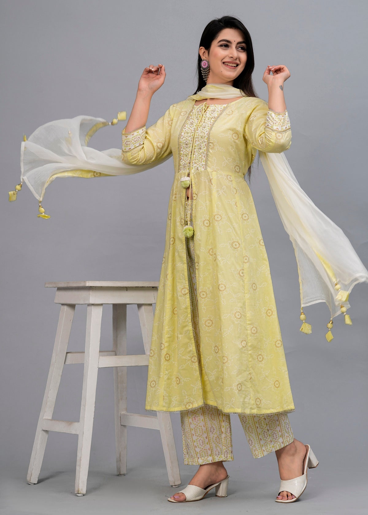 Women Lime Green Bandhani Printed Kurta with Trousers & Dupatta