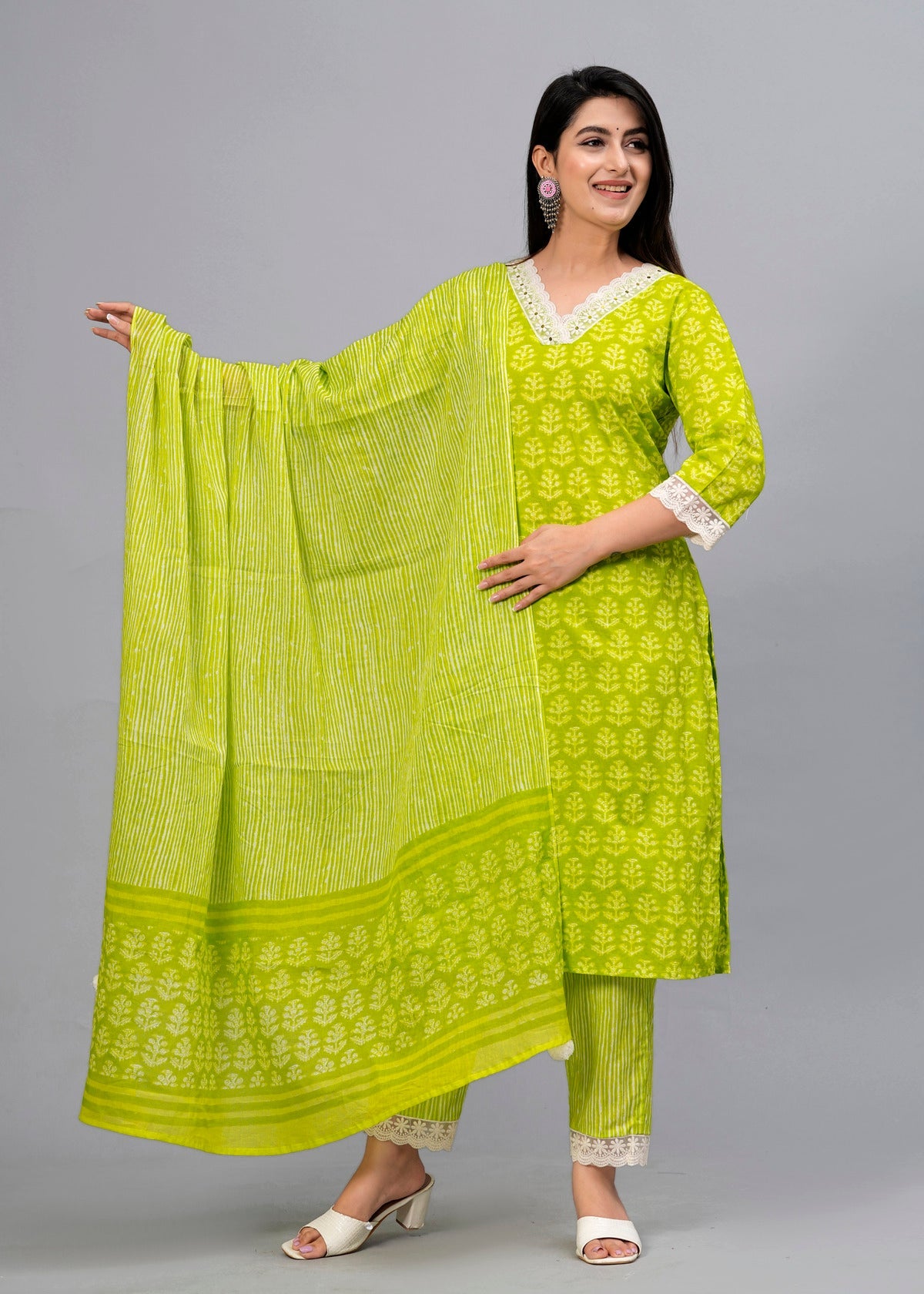 Lime Green Ethnic Motifs Patchwork Kurta with Trousers & Dupatta