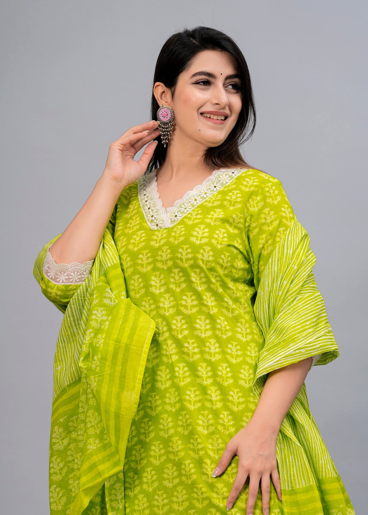 Lime Green Ethnic Motifs Patchwork Kurta with Trousers & Dupatta