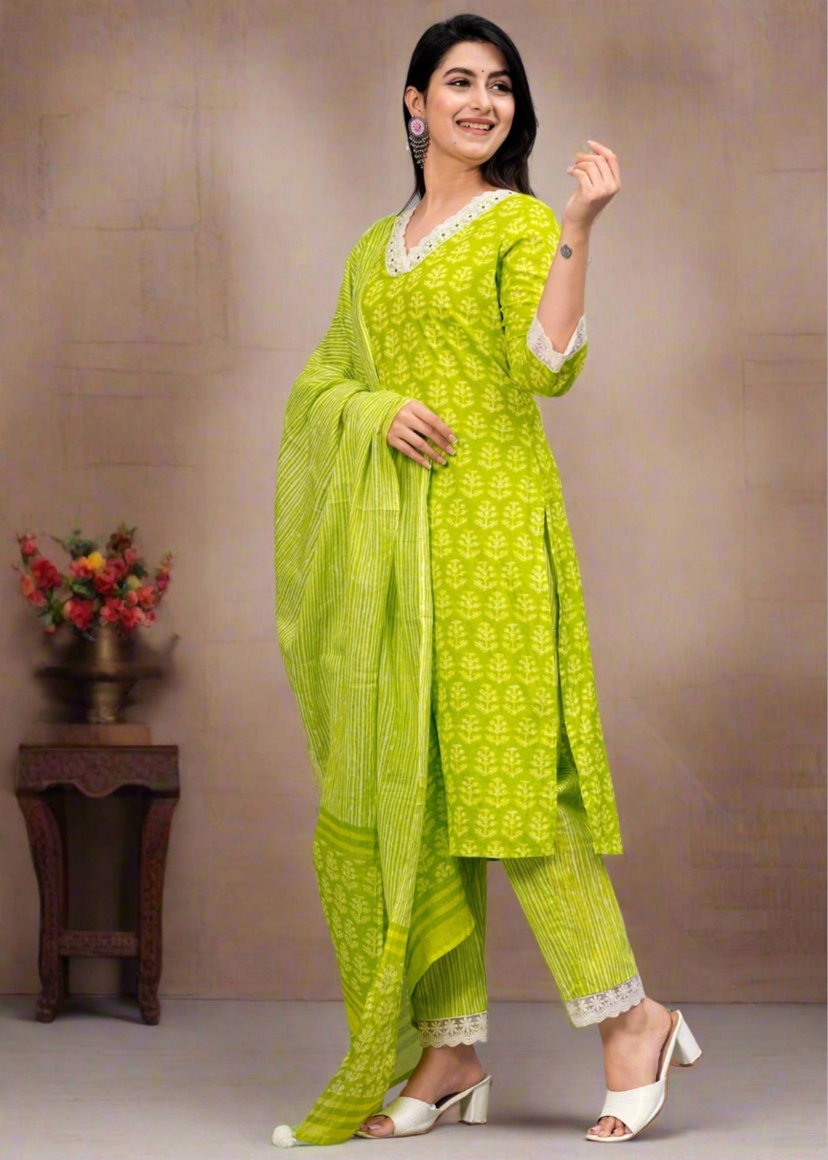 Lime Green Ethnic Motifs Patchwork Kurta with Trousers & Dupatta