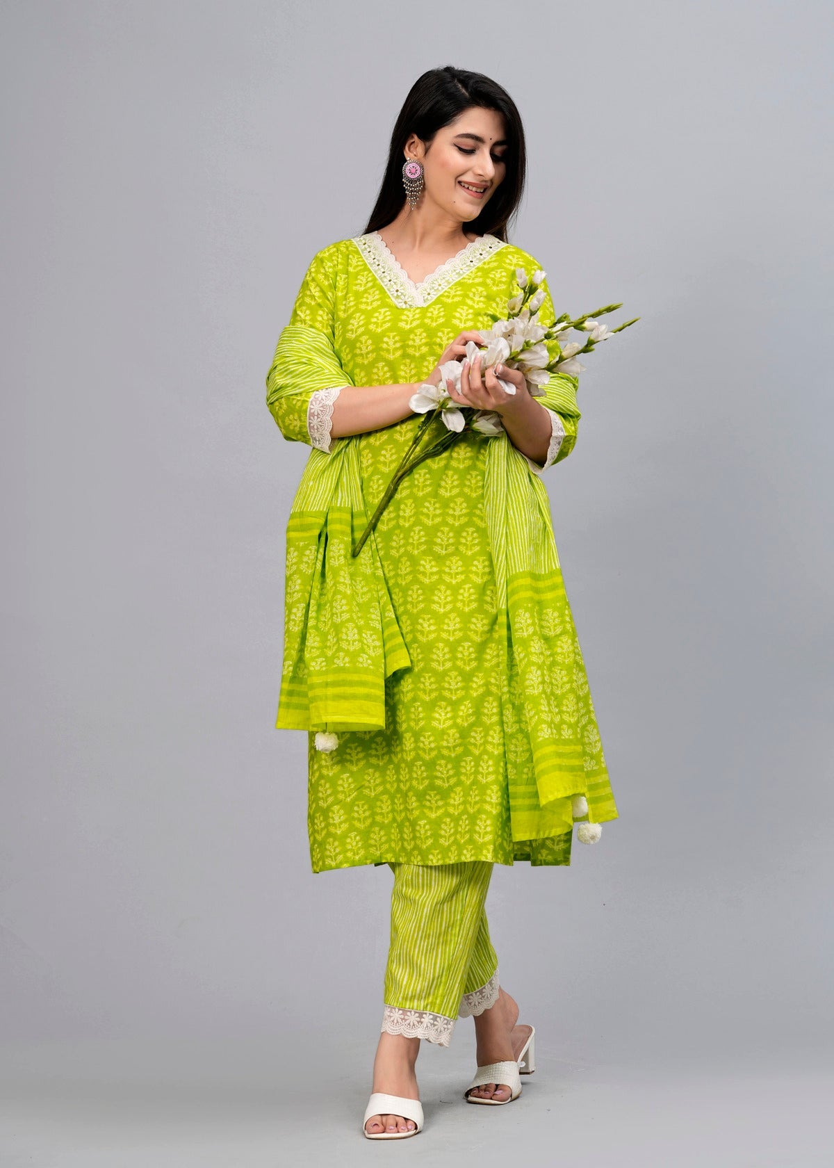 Lime Green Ethnic Motifs Patchwork Kurta with Trousers & Dupatta