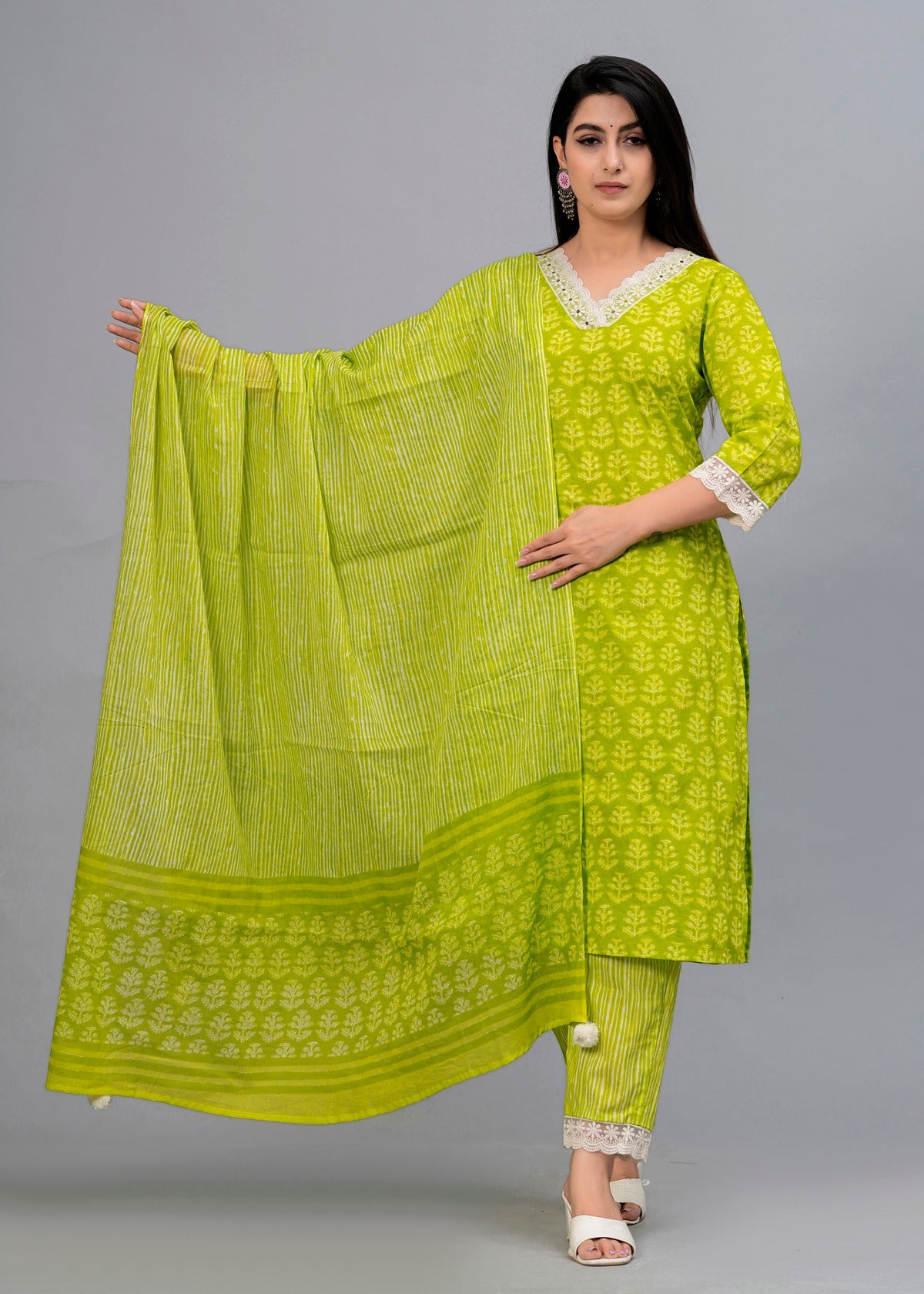 Lime Green Ethnic Motifs Patchwork Kurta with Trousers & Dupatta