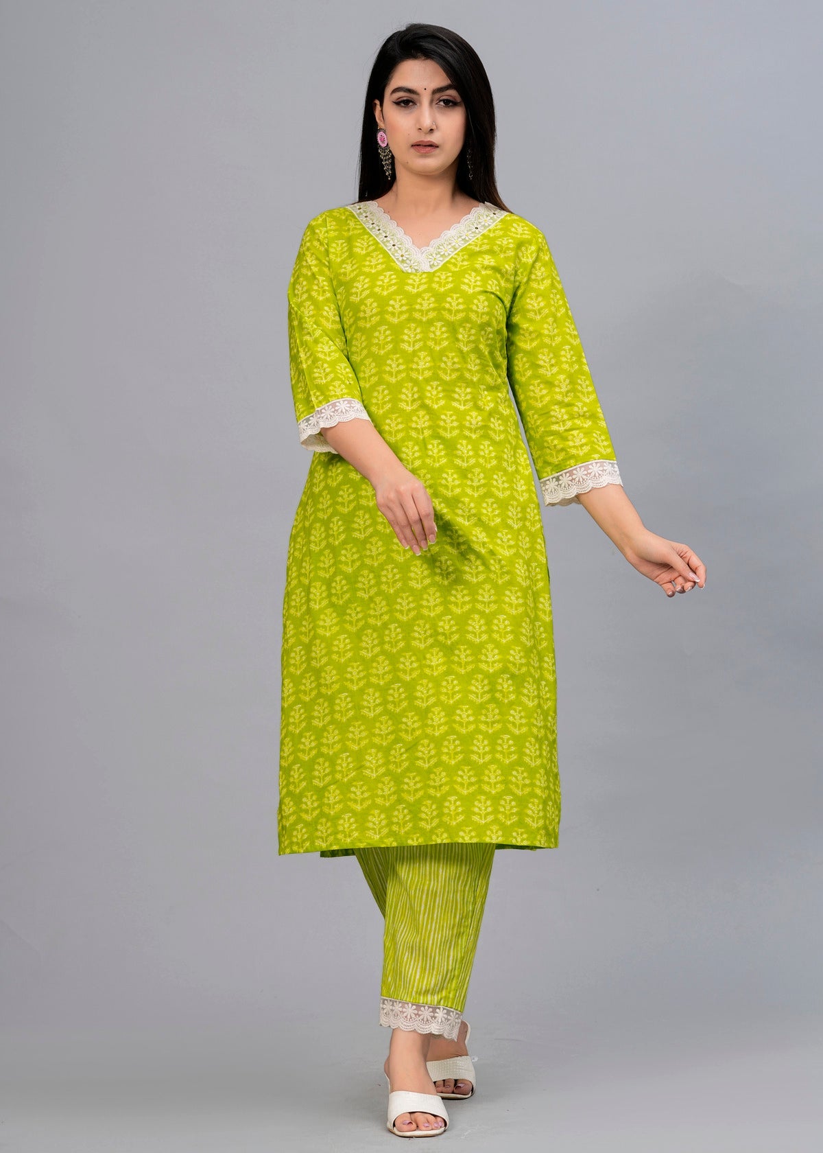 Lime Green Ethnic Motifs Patchwork Kurta with Trousers & Dupatta