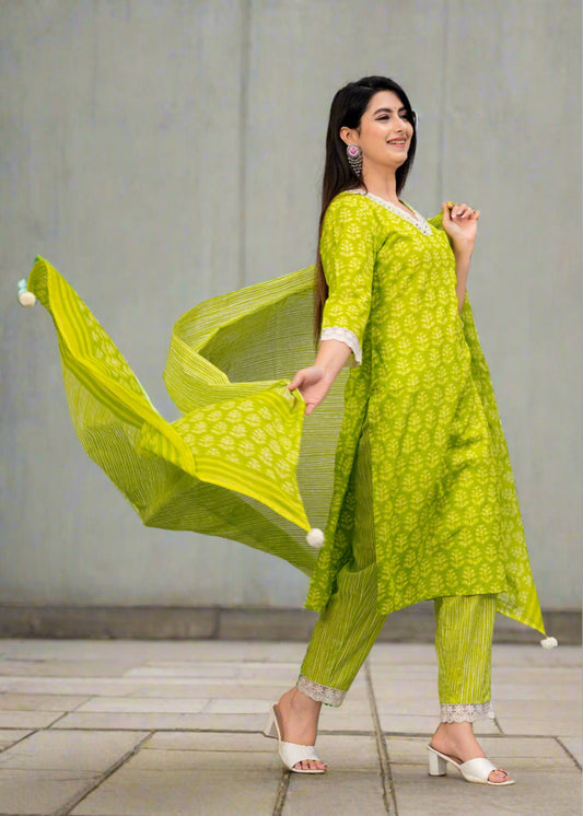 Lime Green Ethnic Motifs Patchwork Kurta with Trousers & Dupatta