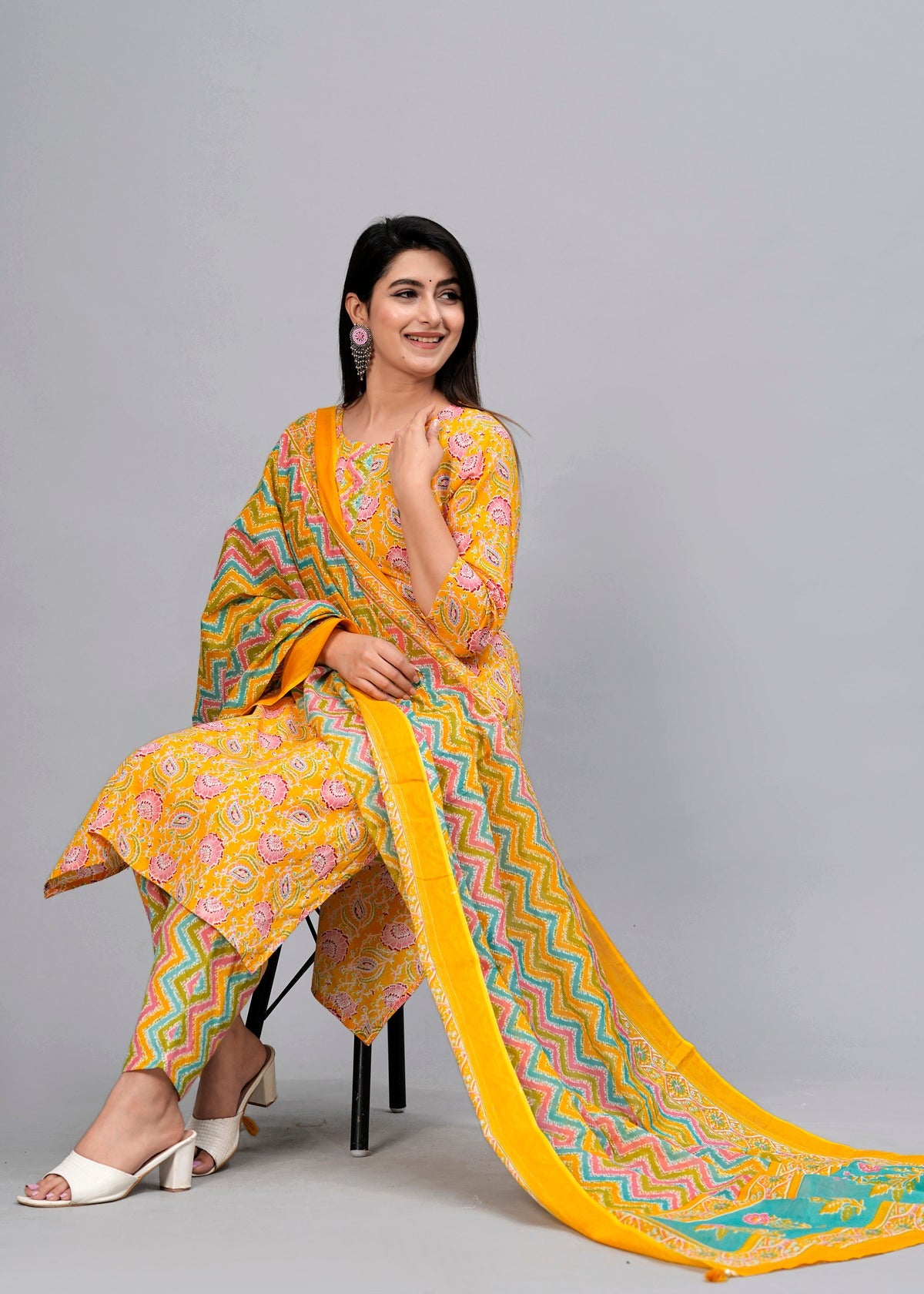 Mustard Floral Sequinned Kurta with Trousers & Dupatta