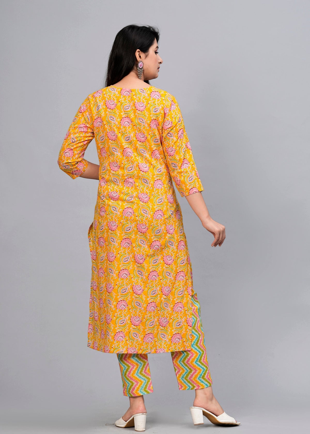 Mustard Floral Sequinned Kurta with Trousers & Dupatta