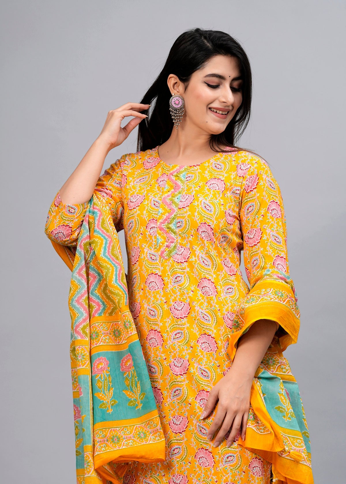 Mustard Floral Sequinned Kurta with Trousers & Dupatta