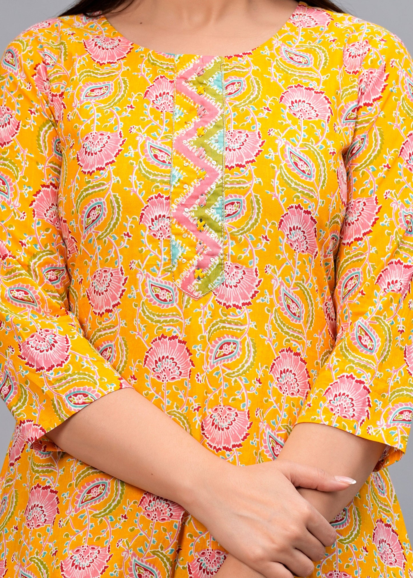 Mustard Floral Sequinned Kurta with Trousers & Dupatta