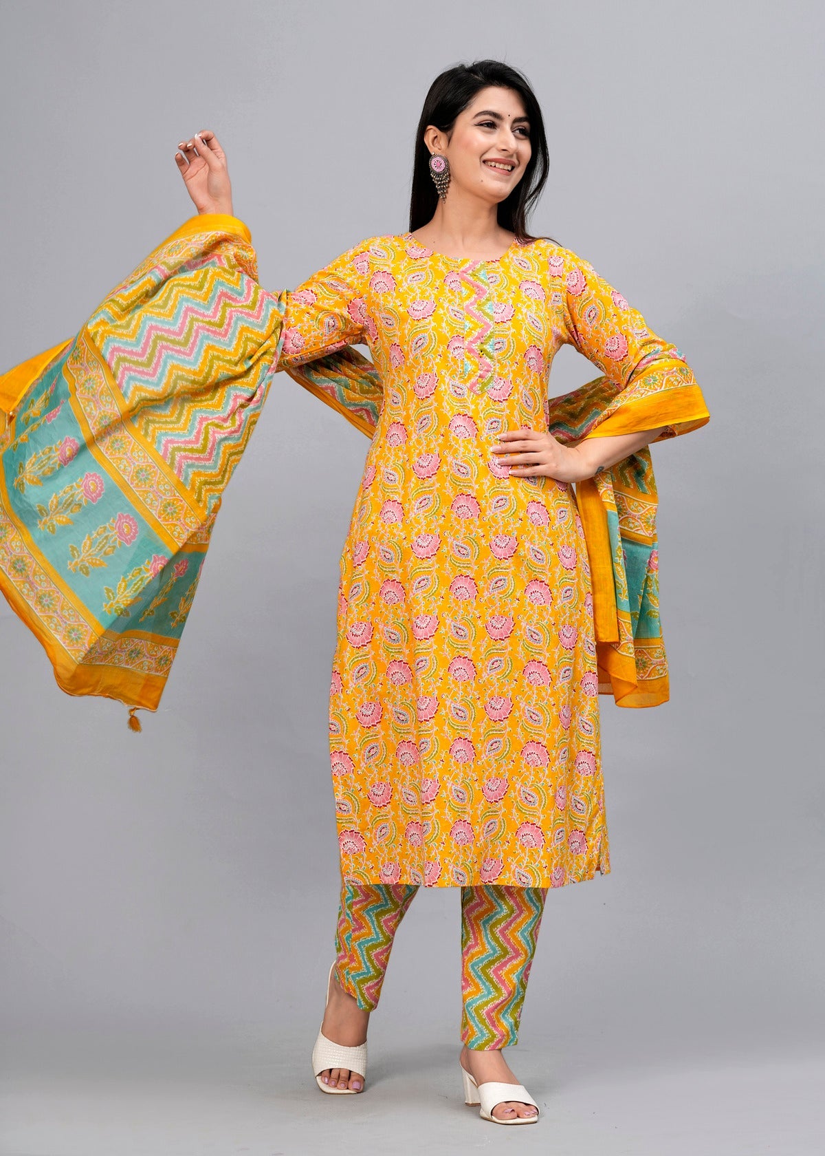 Mustard Floral Sequinned Kurta with Trousers & Dupatta