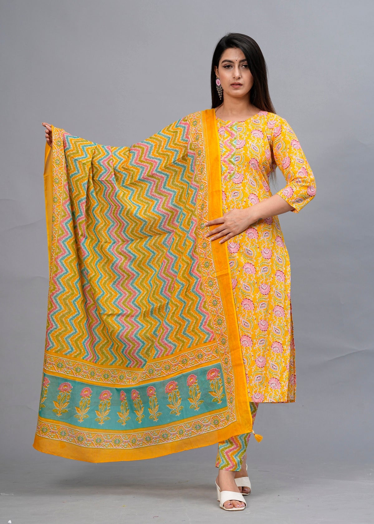 Mustard Floral Sequinned Kurta with Trousers & Dupatta