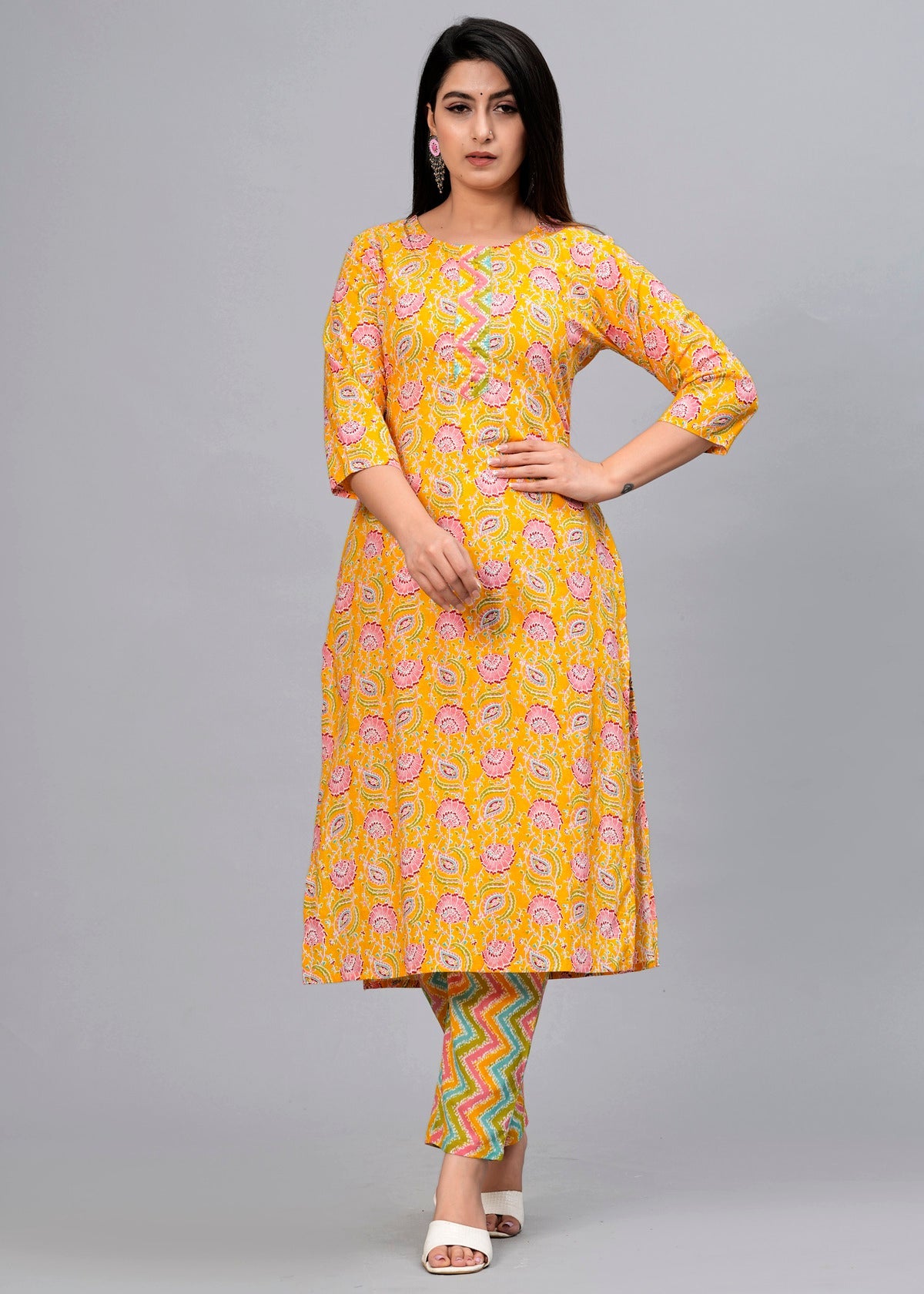 Mustard Floral Sequinned Kurta with Trousers & Dupatta