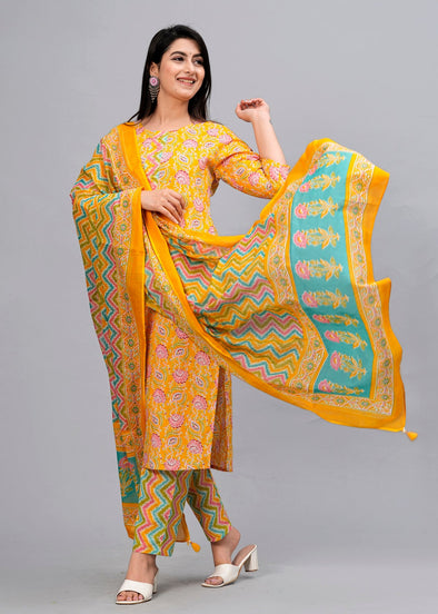Mustard Floral Sequinned Kurta with Trousers & Dupatta