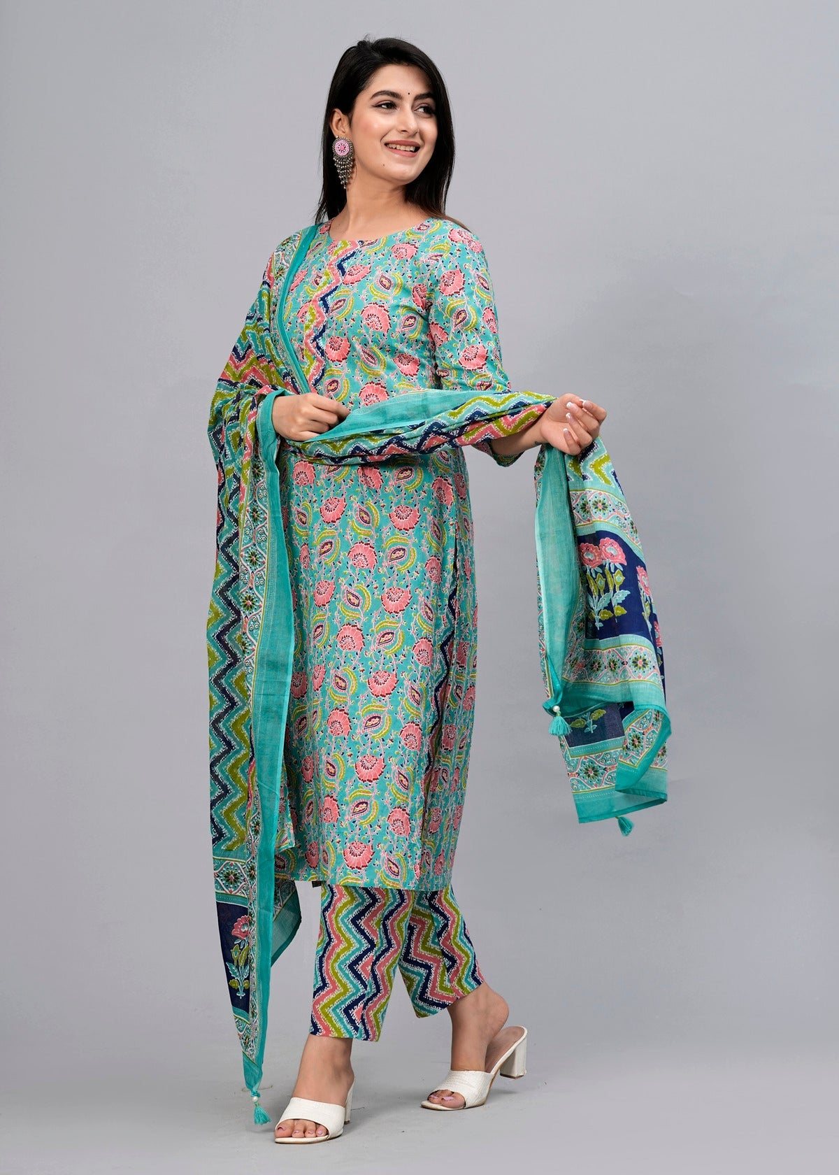 Turquoise Blue Floral Sequinned Kurta with Trousers & Dupatta