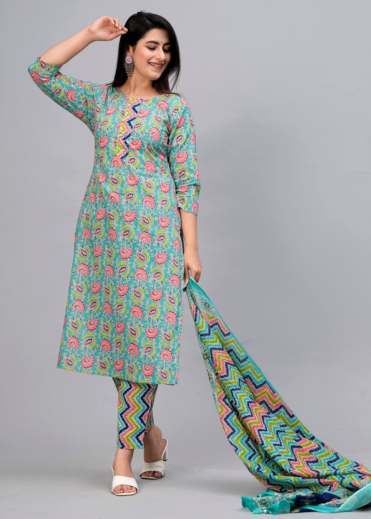 Turquoise Blue Floral Sequinned Kurta with Trousers & Dupatta