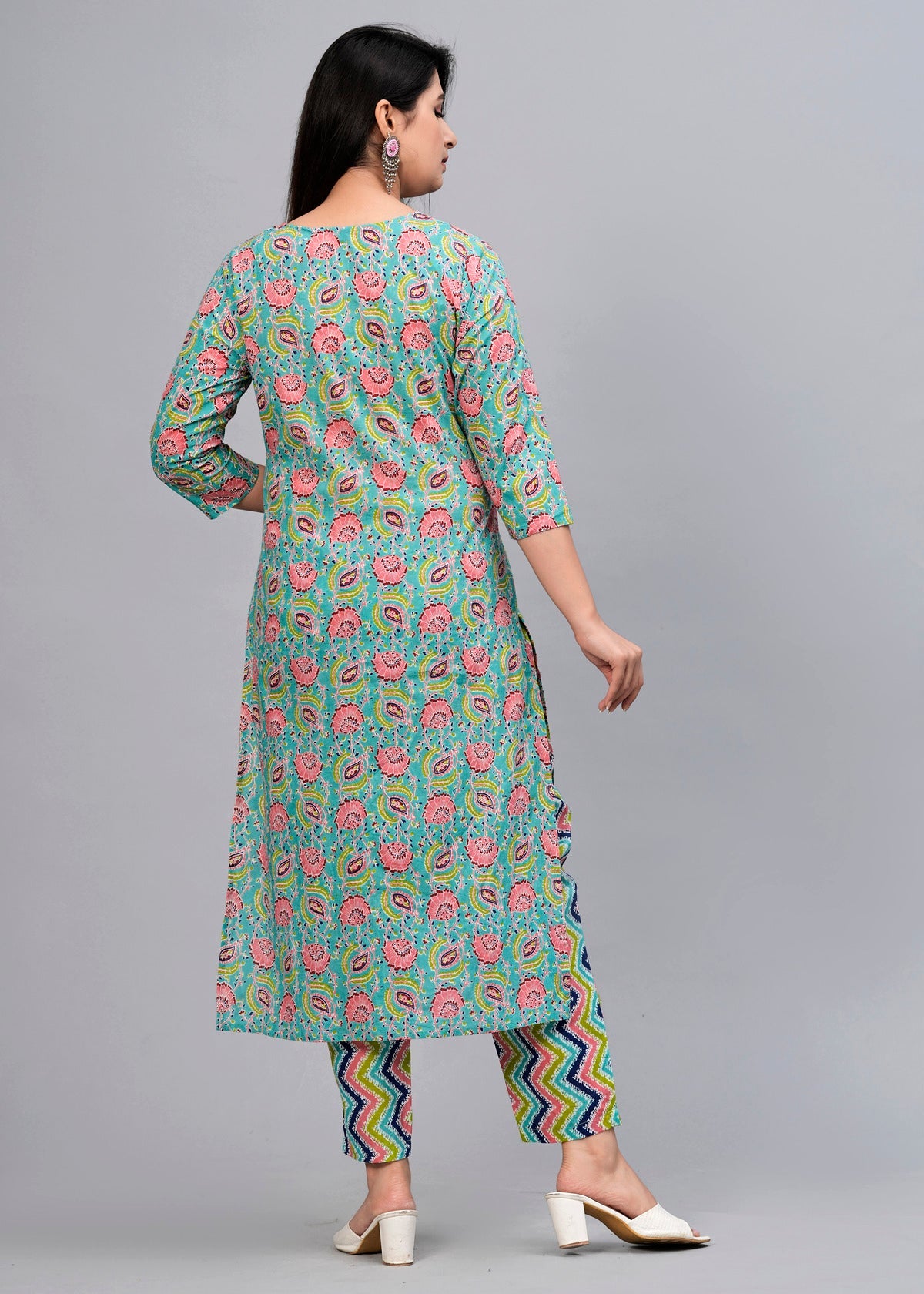 Turquoise Blue Floral Sequinned Kurta with Trousers & Dupatta