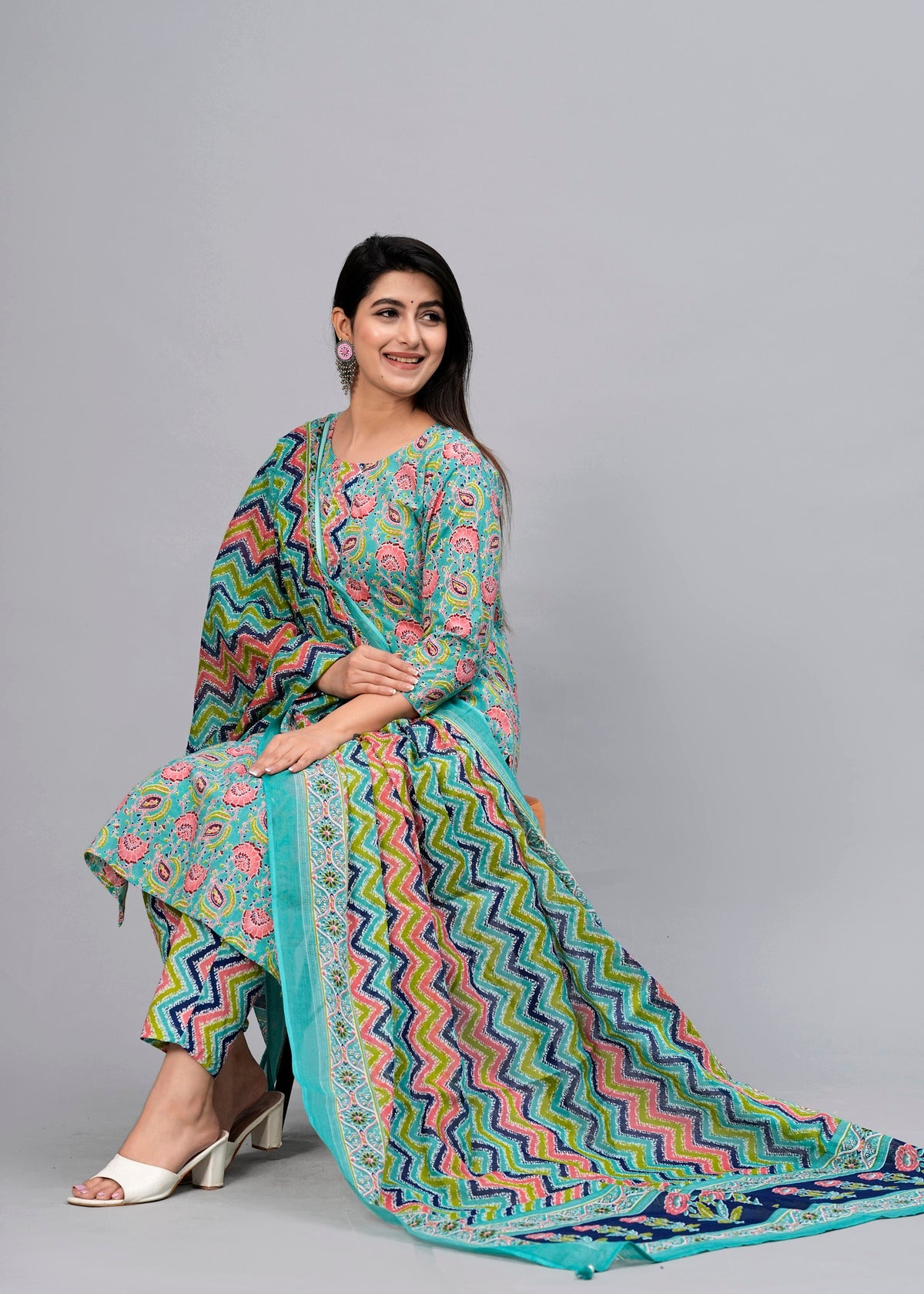 Turquoise Blue Floral Sequinned Kurta with Trousers & Dupatta