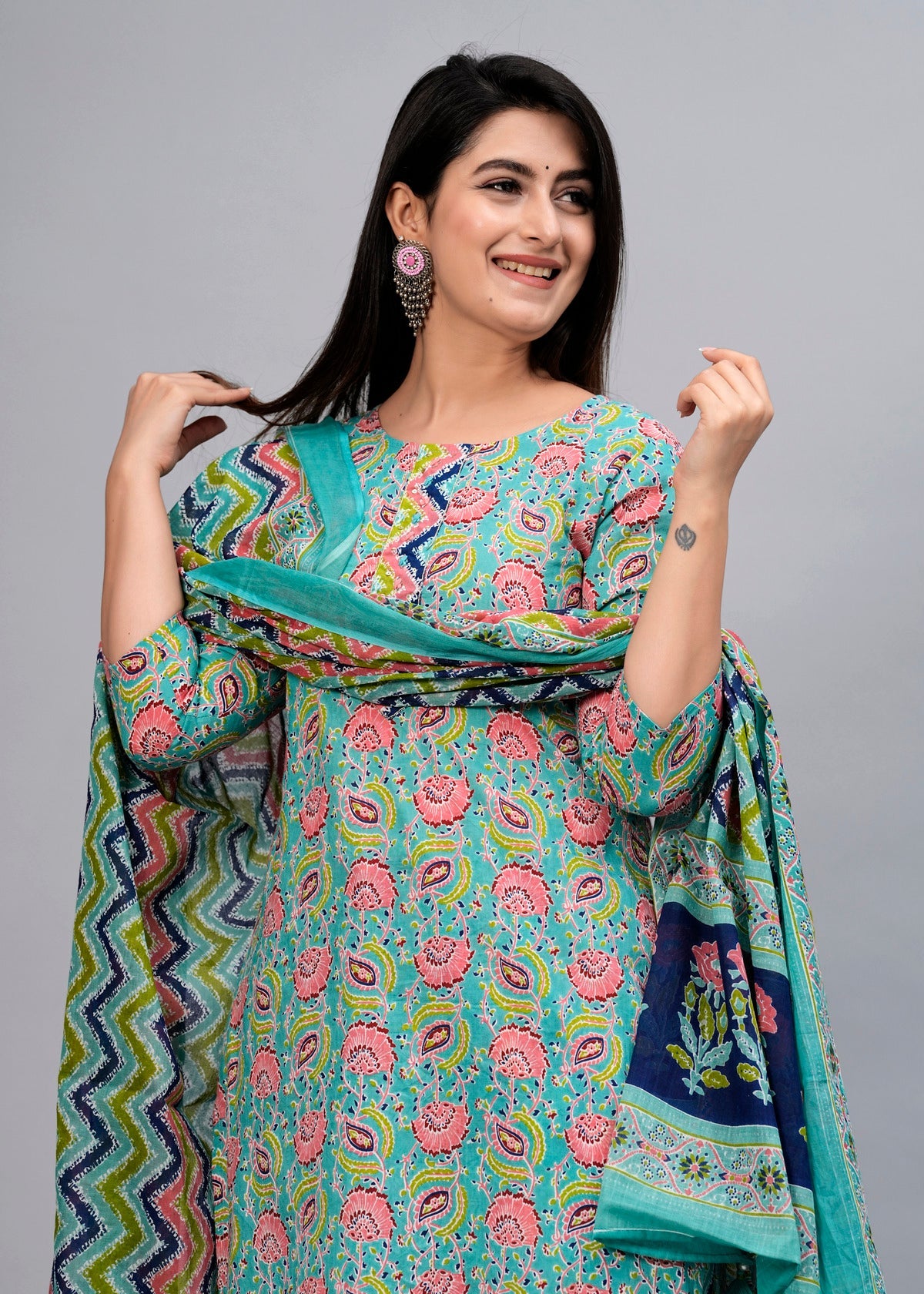 Turquoise Blue Floral Sequinned Kurta with Trousers & Dupatta