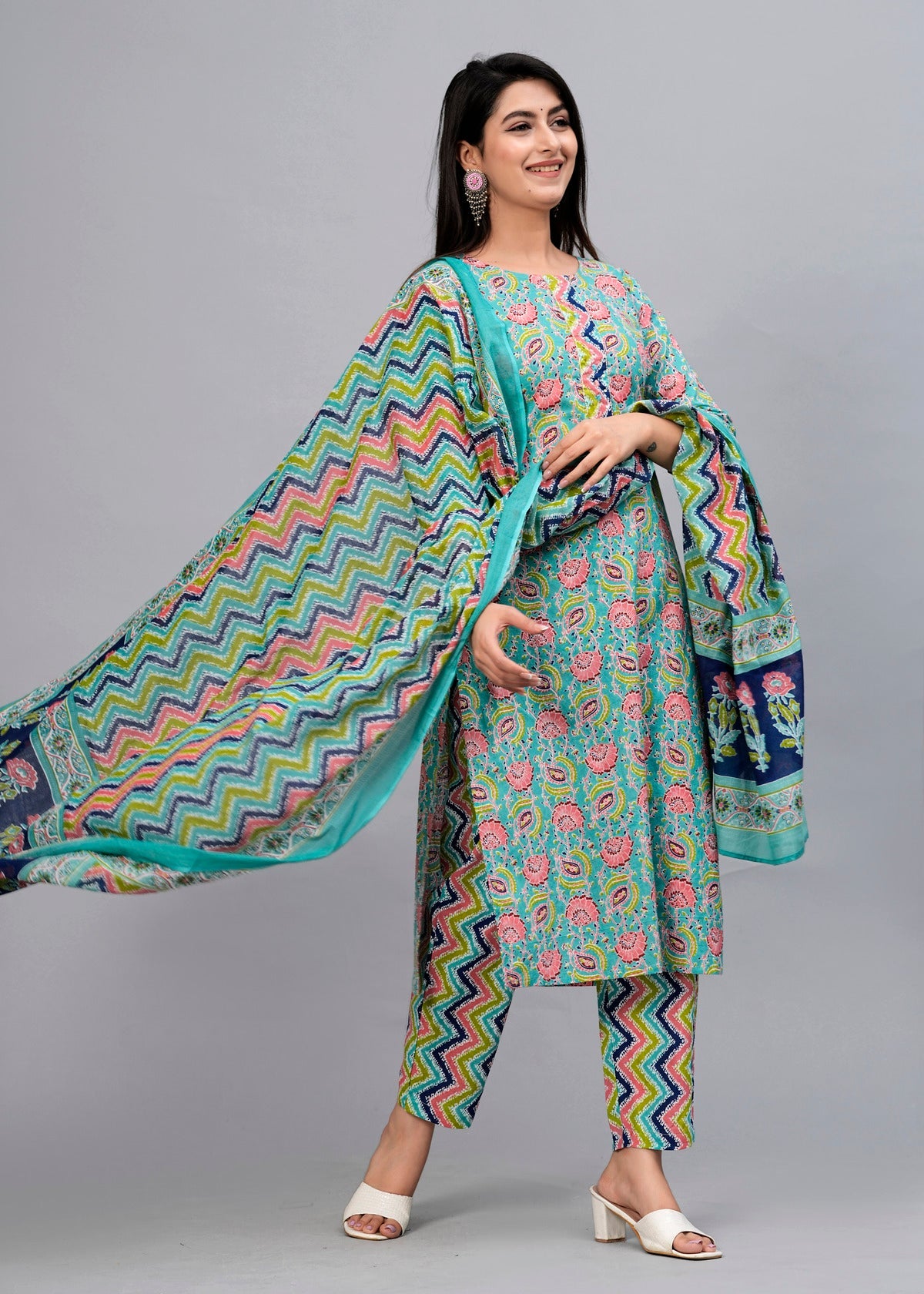 Turquoise Blue Floral Sequinned Kurta with Trousers & Dupatta