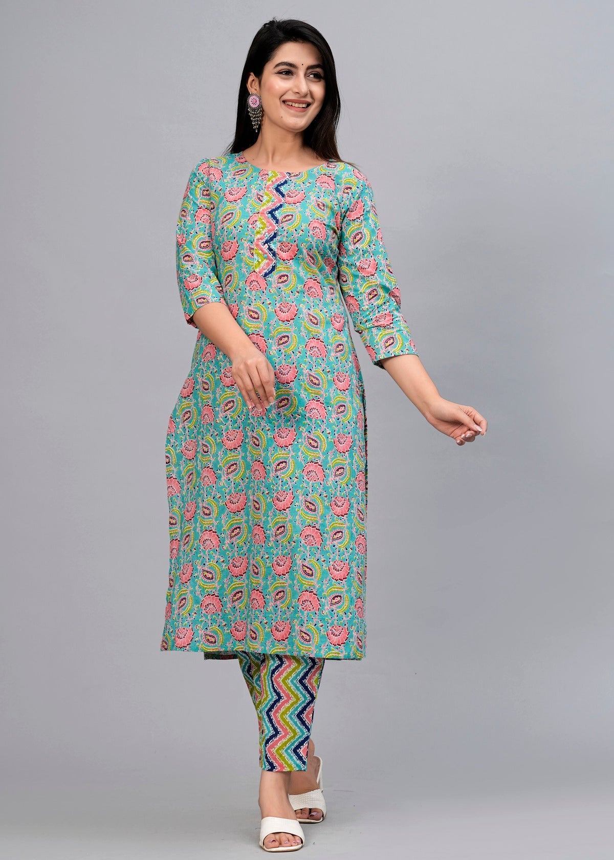 Turquoise Blue Floral Sequinned Kurta with Trousers & Dupatta