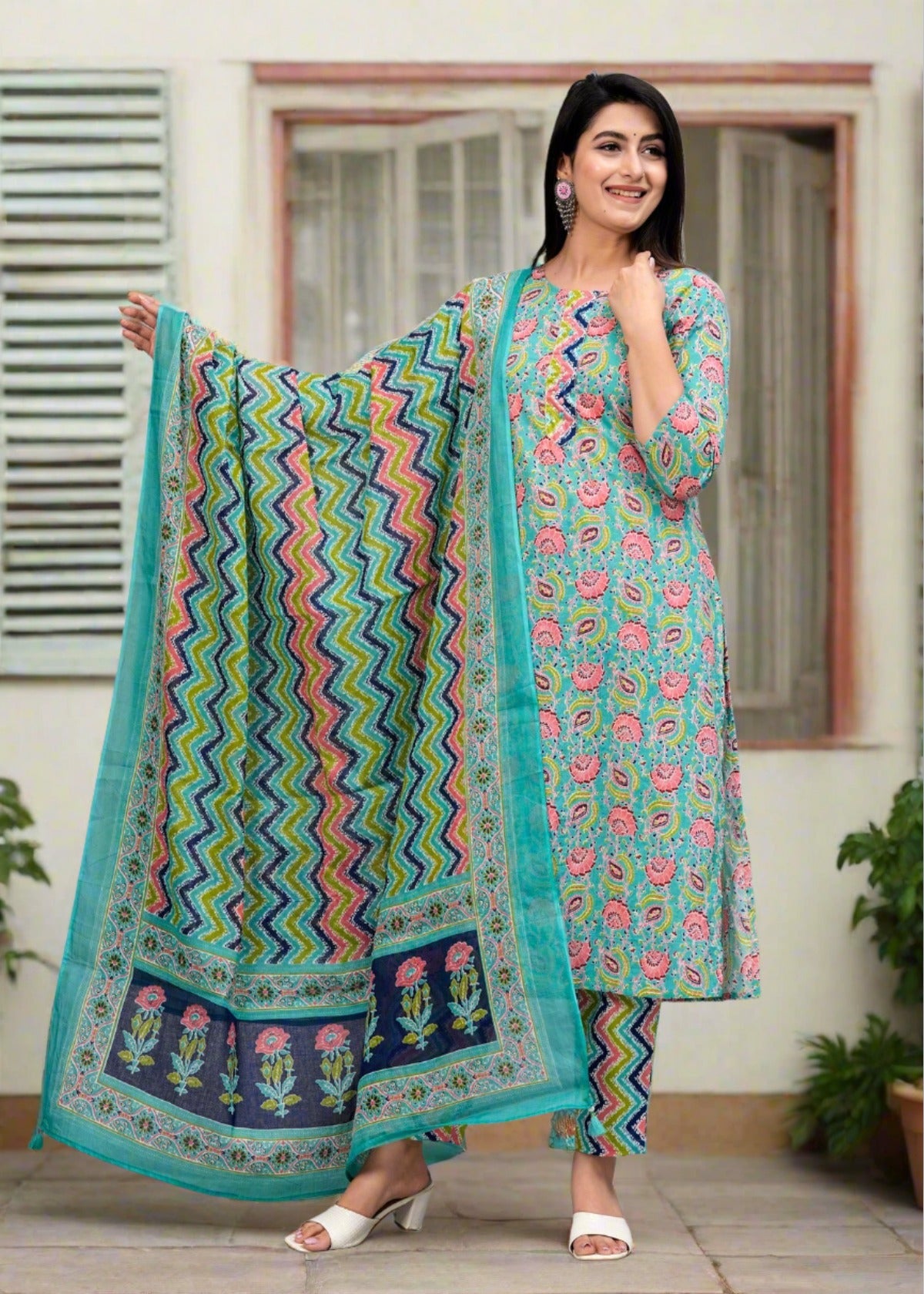 Turquoise Blue Floral Sequinned Kurta with Trousers & Dupatta