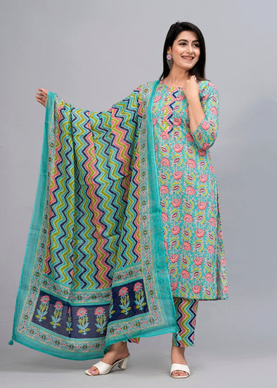 Turquoise Blue Floral Sequinned Kurta with Trousers & Dupatta