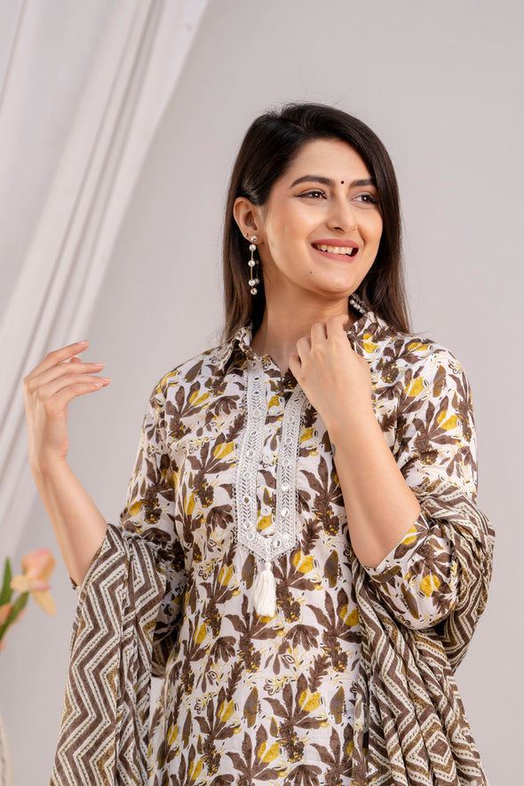 Women Brown & White Floral Printed Kurta with Pyjamas & Dupatta