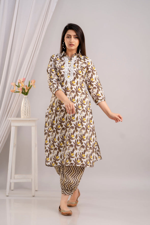 Women Brown & White Floral Printed Kurta with Pyjamas & Dupatta