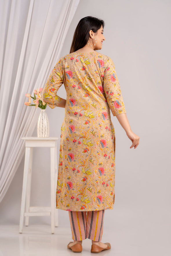 Women Fawn & Multi Floral Printed Kurta with Trousers & Dupatta (SHKUP1392)