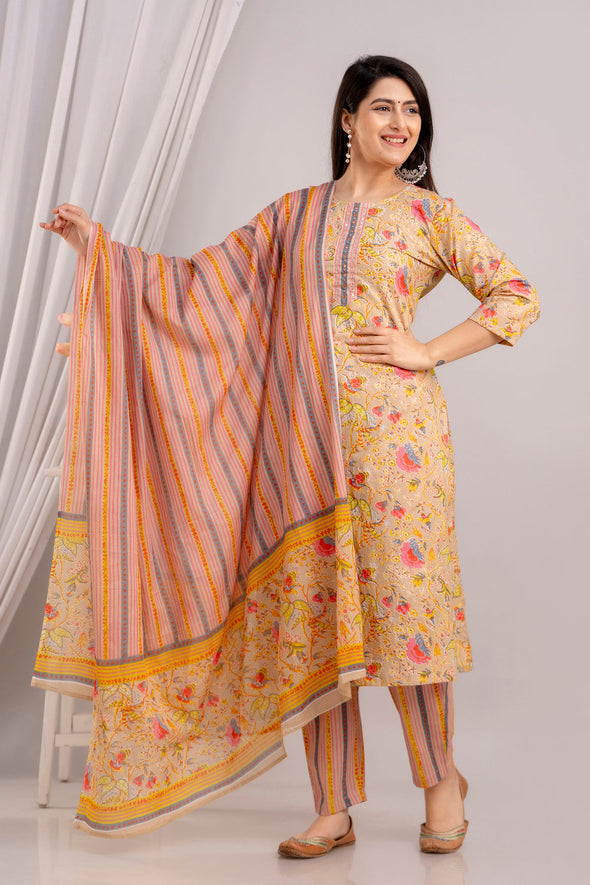 Women Fawn & Multi Floral Printed Kurta with Trousers & Dupatta (SHKUP1392)