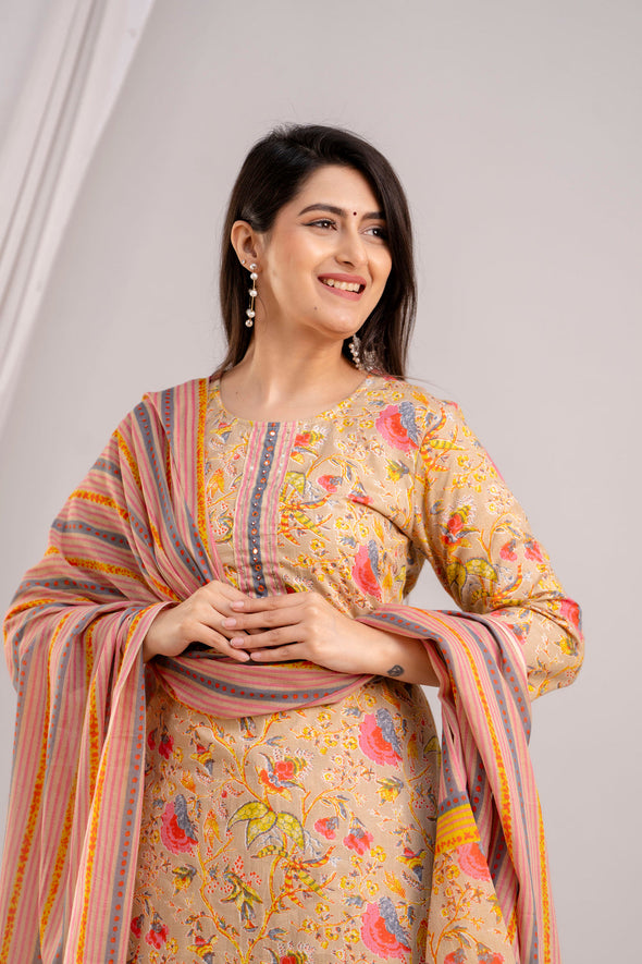 Women Fawn & Multi Floral Printed Kurta with Trousers & Dupatta (SHKUP1392)