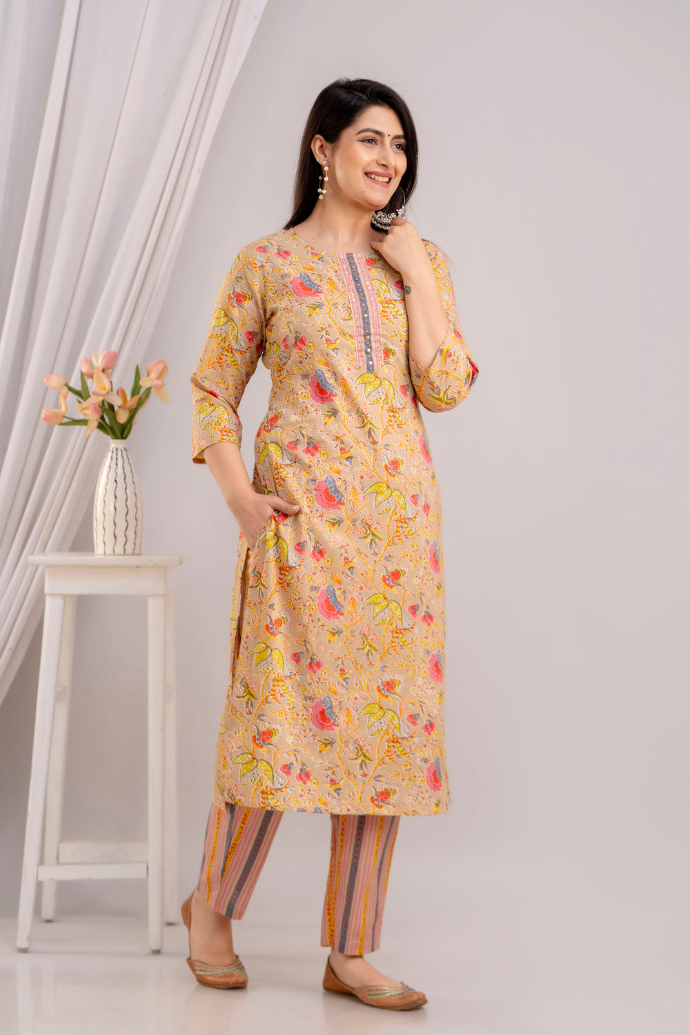 Women Fawn & Multi Floral Printed Kurta with Trousers & Dupatta (SHKUP1392)