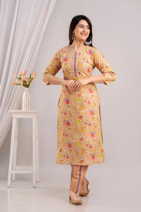 Women Fawn & Multi Floral Printed Kurta with Trousers & Dupatta (SHKUP1392)