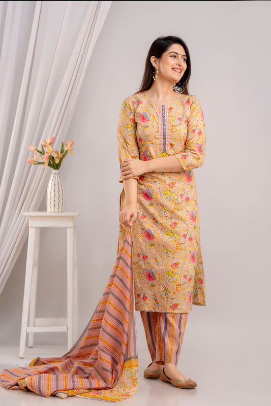 Women Fawn & Multi Floral Printed Kurta with Trousers & Dupatta (SHKUP1392)