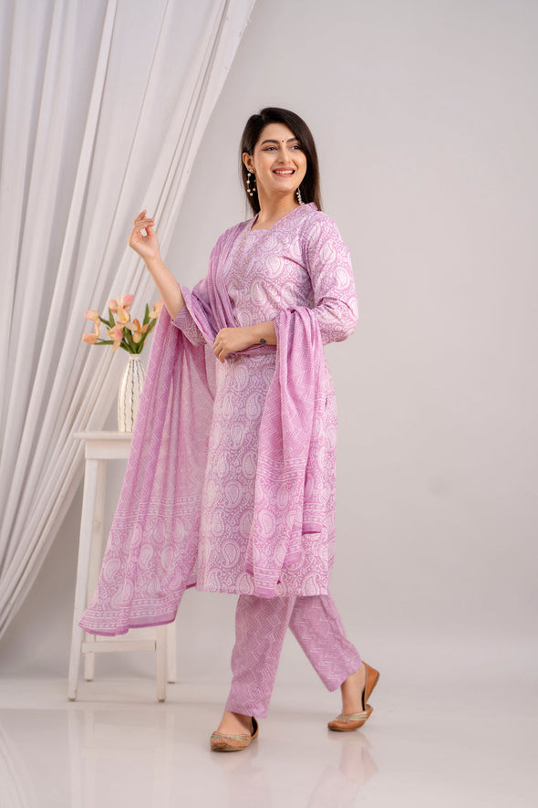 Women Lavender Paisley Printed Kurta with Trousers & Dupatta