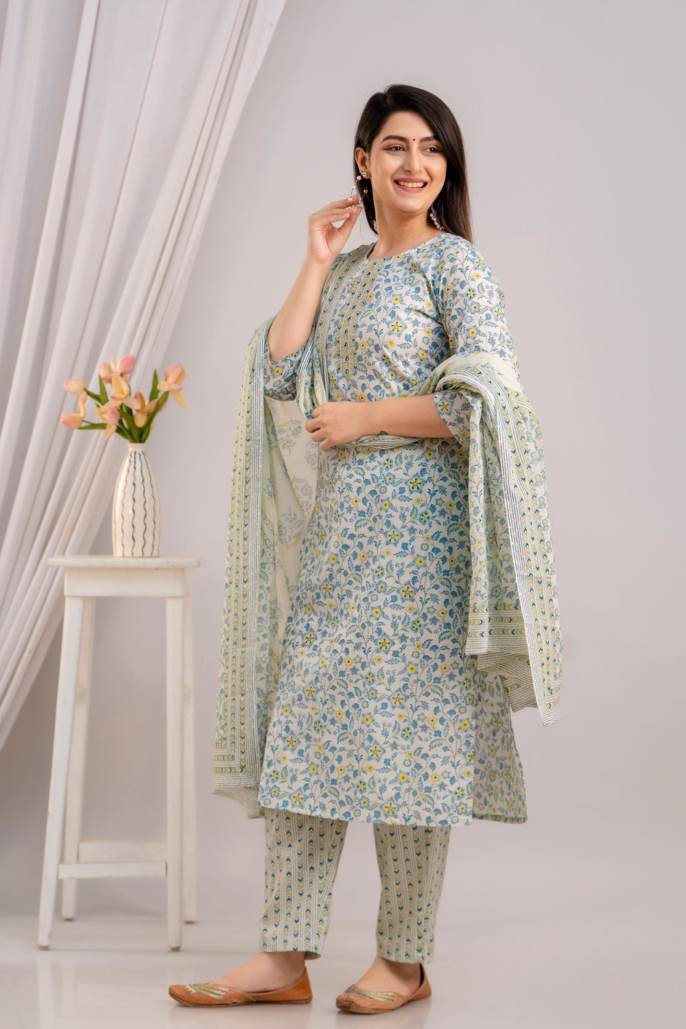 Women White & Sky Floral Printed Kurta with Trousers & Dupatta (SHKUP1394)