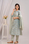 Women White & Sky Floral Printed Kurta with Trousers & Dupatta (SHKUP1394)