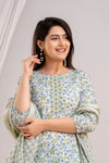 Women White & Sky Floral Printed Kurta with Trousers & Dupatta (SHKUP1394)