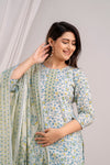 Women White & Sky Floral Printed Kurta with Trousers & Dupatta (SHKUP1394)