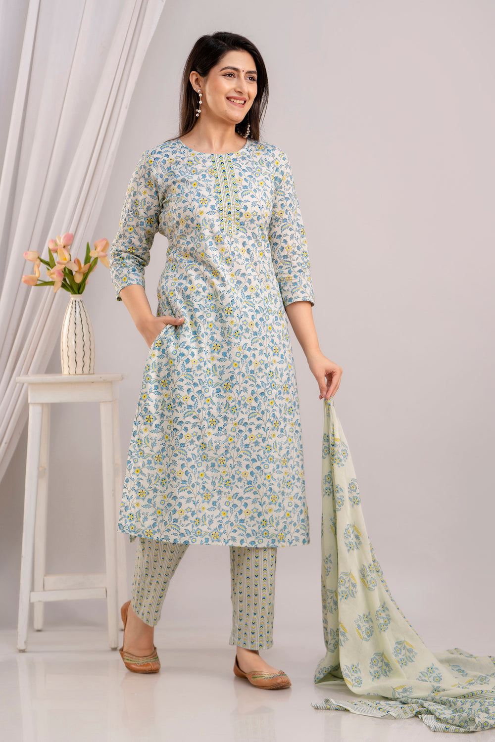 Women White & Sky Floral Printed Kurta with Trousers & Dupatta (SHKUP1394)