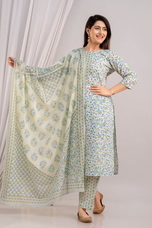 Women White & Sky Floral Printed Kurta with Trousers & Dupatta (SHKUP1394)