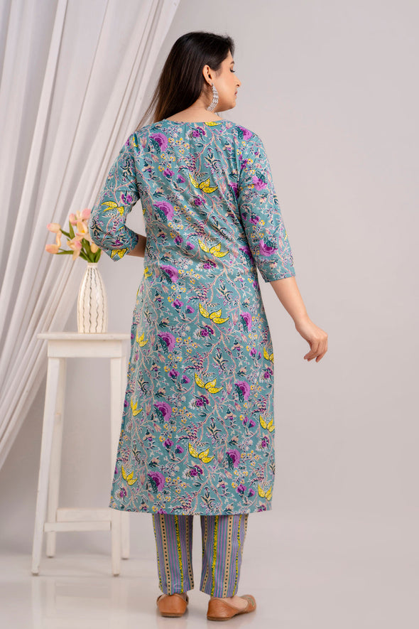 Women Cadet Blue Floral Printed Kurta with Trousers & Dupatta