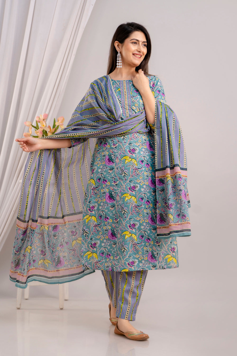 Women Cadet Blue Floral Printed Kurta with Trousers & Dupatta